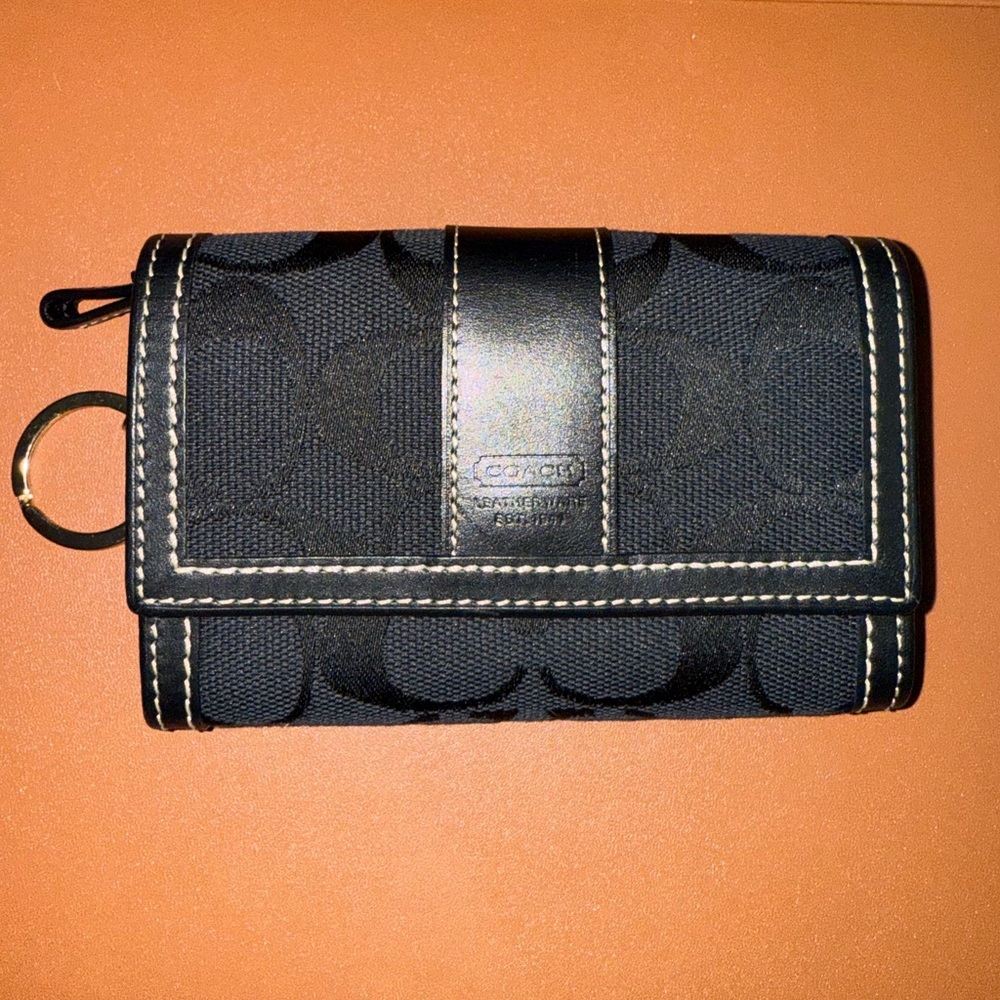 Coach Signature Monogram Compact Wallet with Key Ring in Black Canvas/Leather